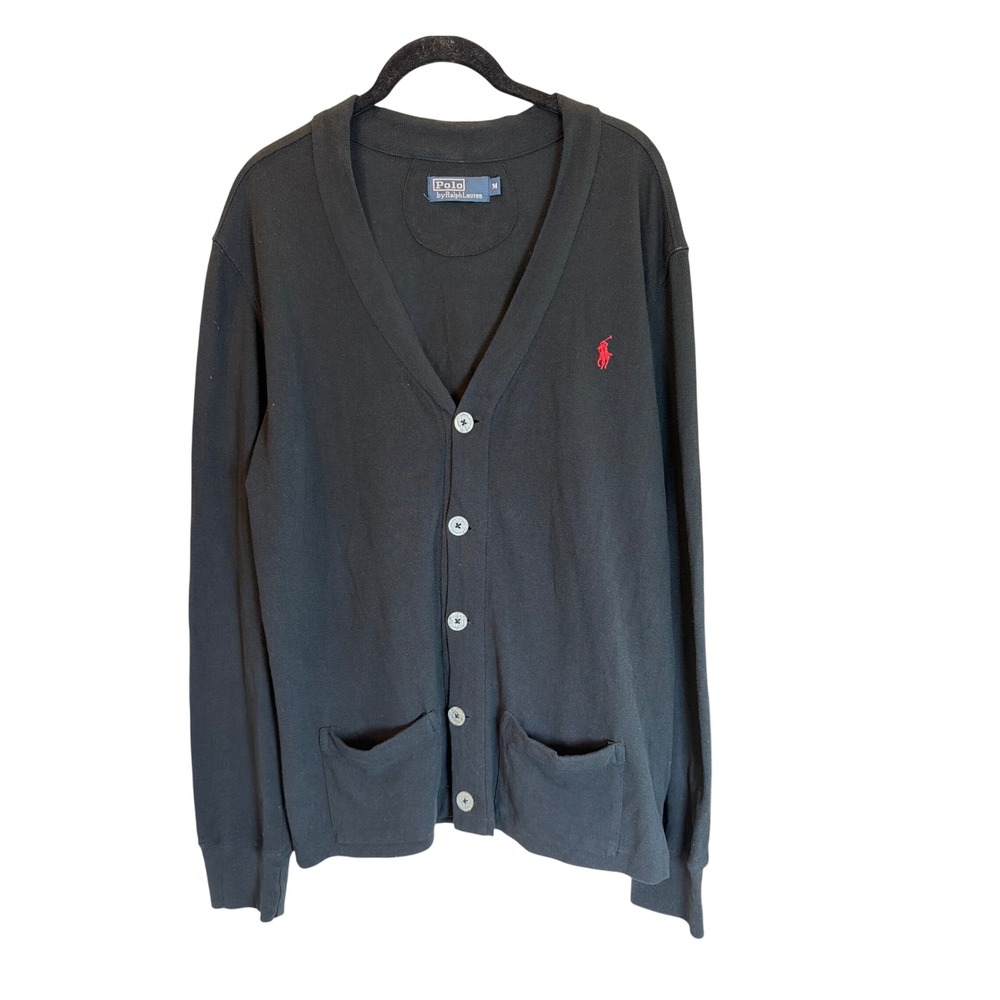 Polo Ralph Lauren Mens Black Pique Cotton V-Neck Cardigan Sweater M Pony Logo